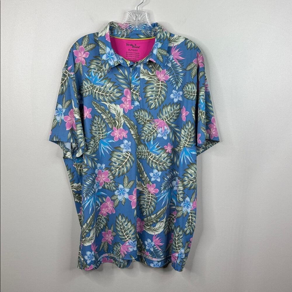 BIRDIE BOUND Men's Performance Golf Polo XL Blue Floral Tropical Short Sleeve